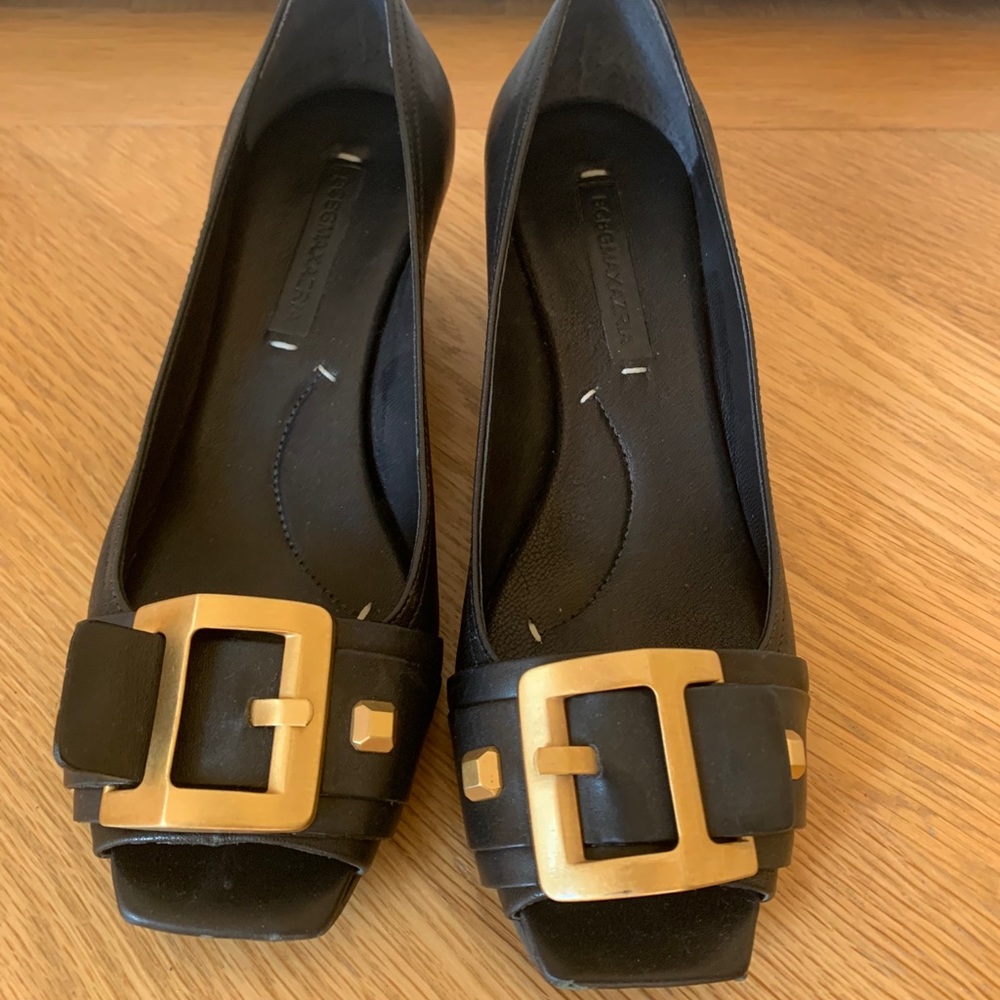 BCBG Black Open-Toe Wedges